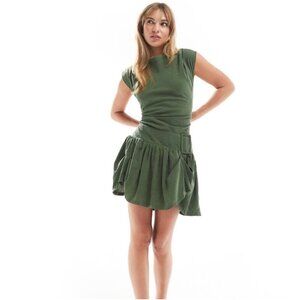 NWT ASOS Design Cowl Neck Hitched Hem Cupro Mini Dress Dark Green Size 10